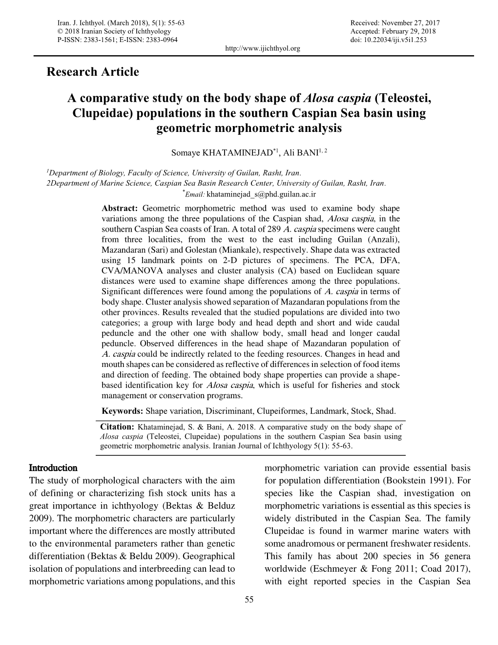 Research Article a Comparative Study on the Body Shape of Alosa Caspia