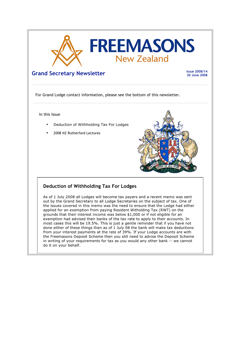 Grand Secretary Newsletter 20 June 2008