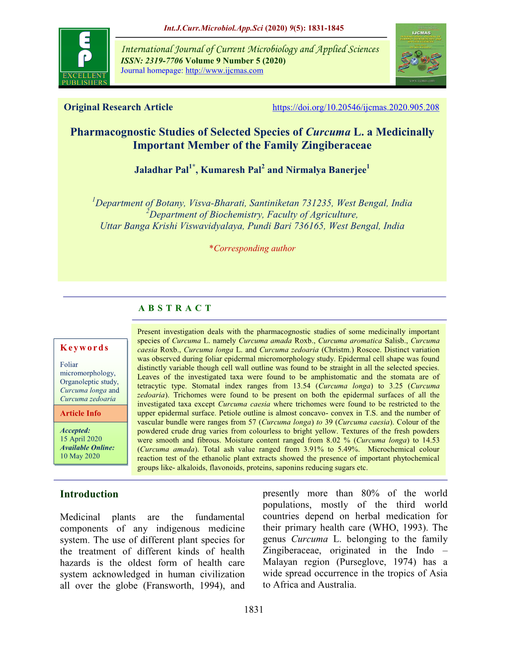 Pharmacognostic Studies of Selected Species of Curcuma L. a Medicinally Important Member of the Family Zingiberaceae