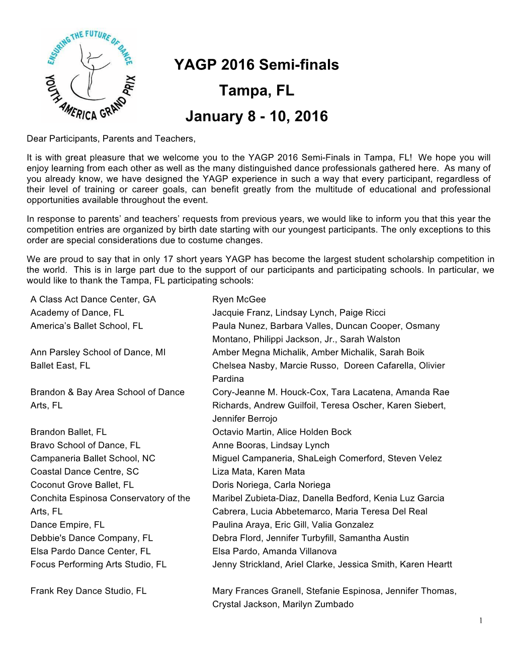YAGP 2016 Semi-Finals Tampa, FL January 8 - 10, 2016