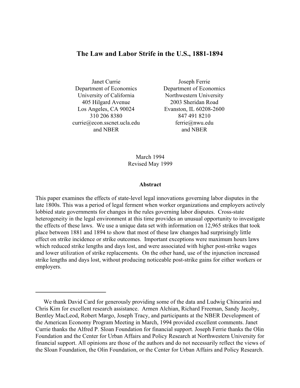 The Law and Labor Strife in the U.S., 1881-1894