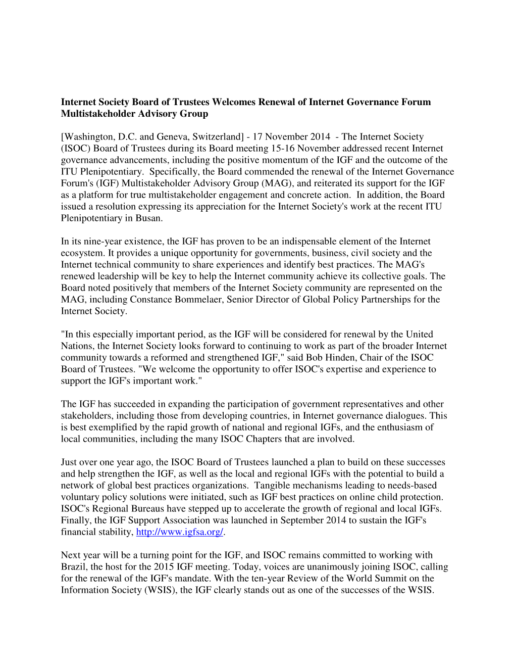 Internet Society Board of Trustees Welcomes Renewal of Internet Governance Forum Multistakeholder Advisory Group [Washington, D