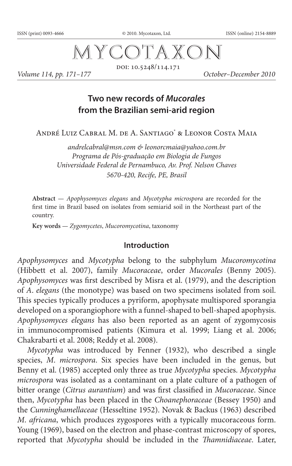 &lt;I&gt;Mucorales&lt;/I&gt; from the Brazilian Semi-Arid Region