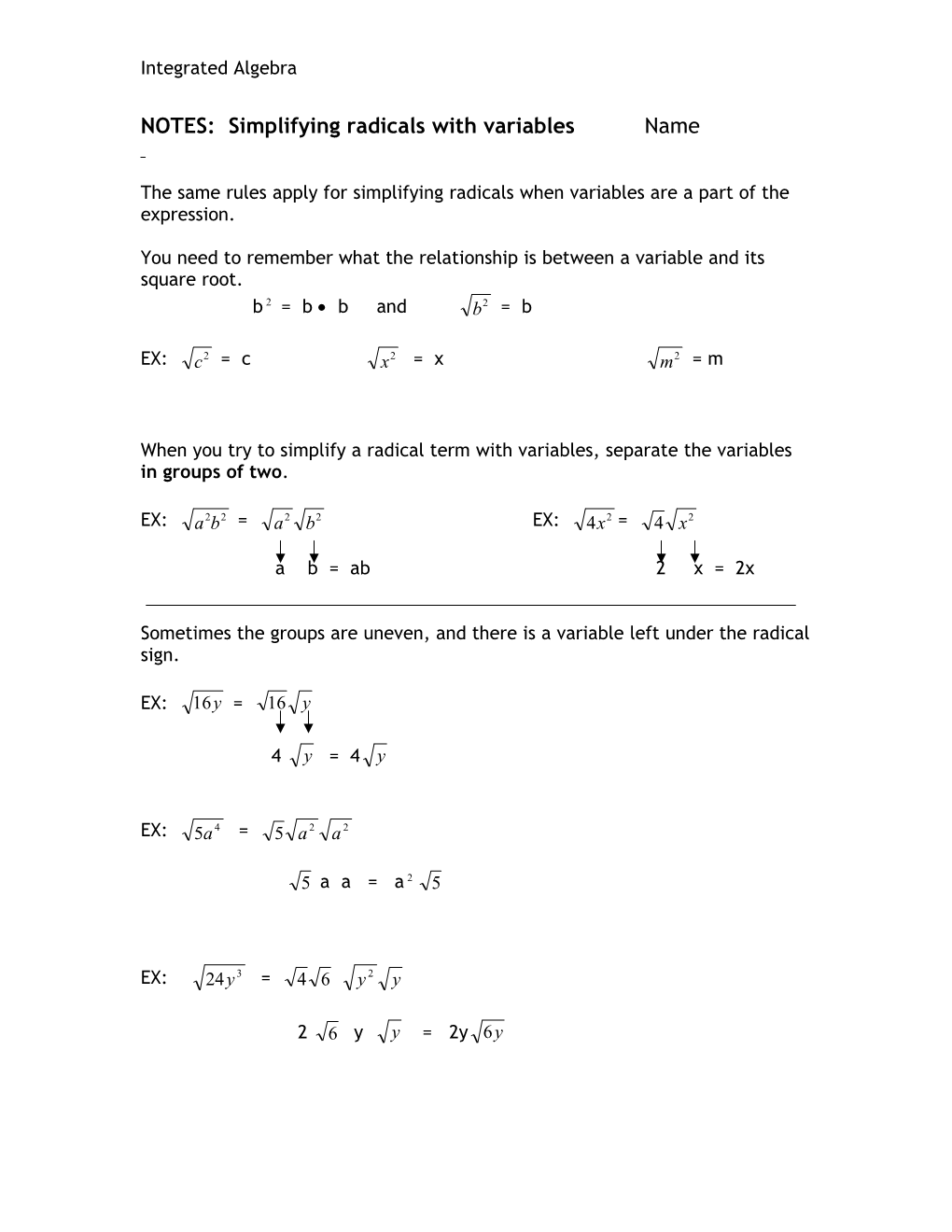 NOTES: Simlifying Radicals with Variables