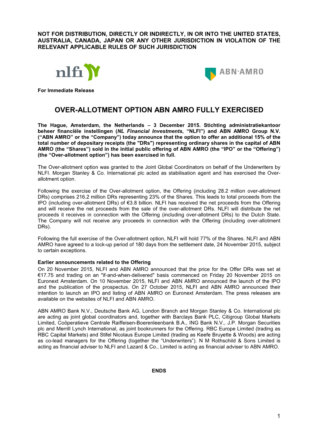 Over-Allotment Option Abn Amro Fully Exercised