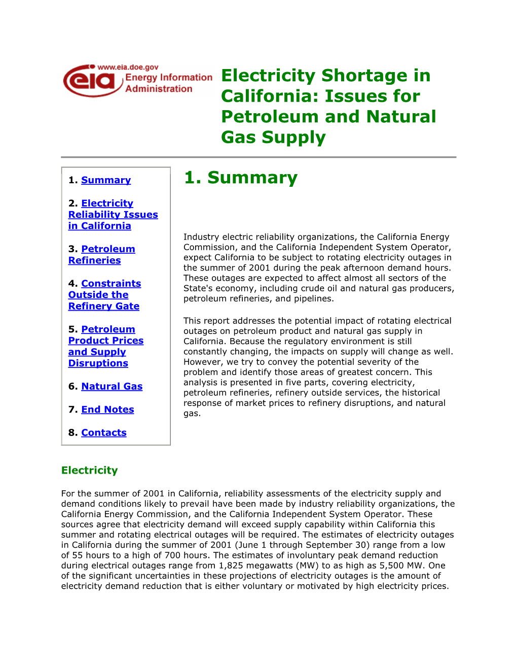 Electricity Shortage in California: Issues for Petroleum and Natural Gas Supply