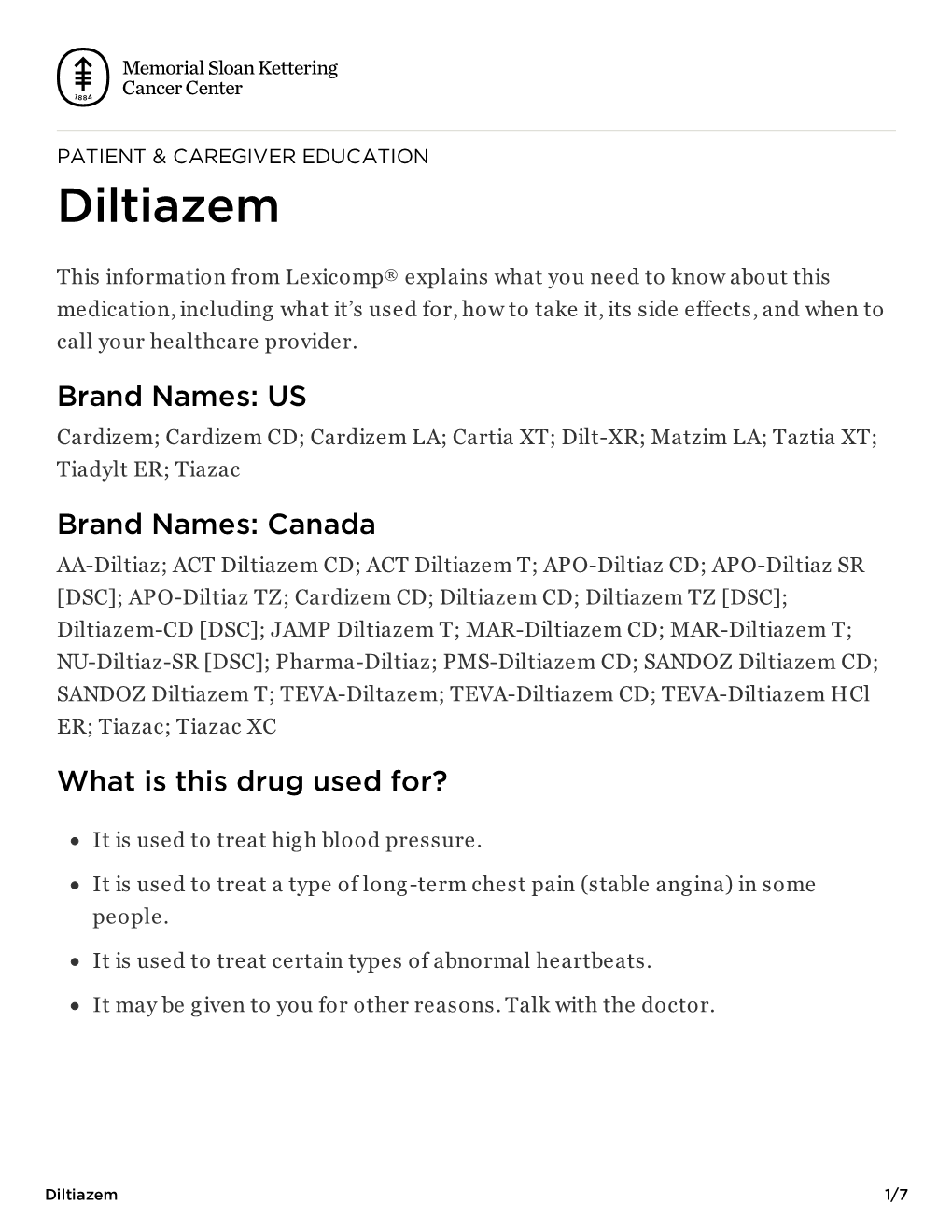 Diltiazem | Memorial Sloan Kettering Cancer Center
