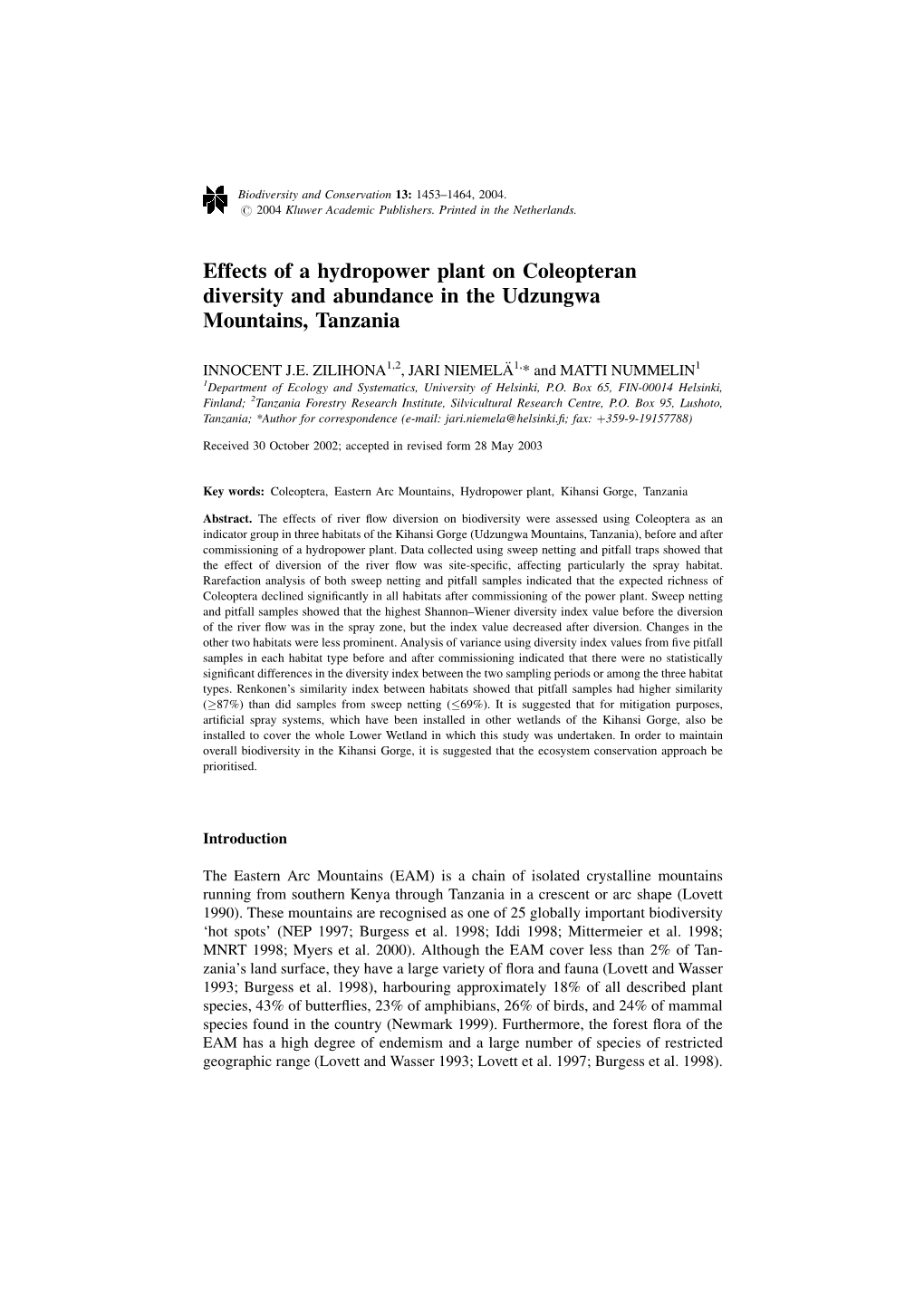 Effects of a Hydropower Plant on Coleopteran Diversity and Abundance in the Udzungwa Mountains, Tanzania