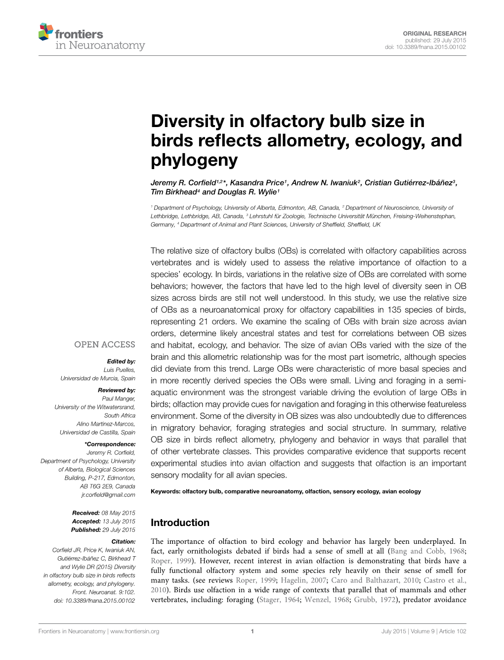 Diversity in Olfactory Bulb Size in Birds Reflects Allometry, Ecology, And