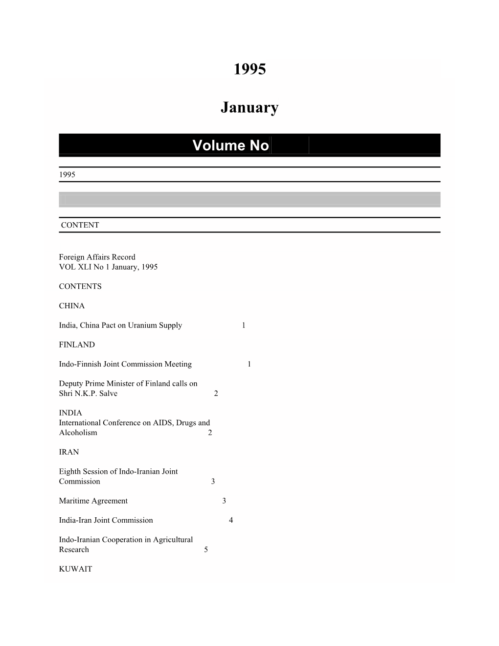 Foreign Affairs Record VOL XLI No 1 January, 1995