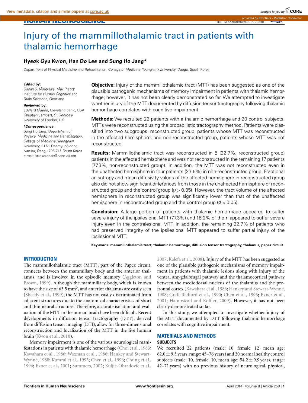 Injury of the Mammillothalamic Tract in Patients with Thalamic Hemorrhage