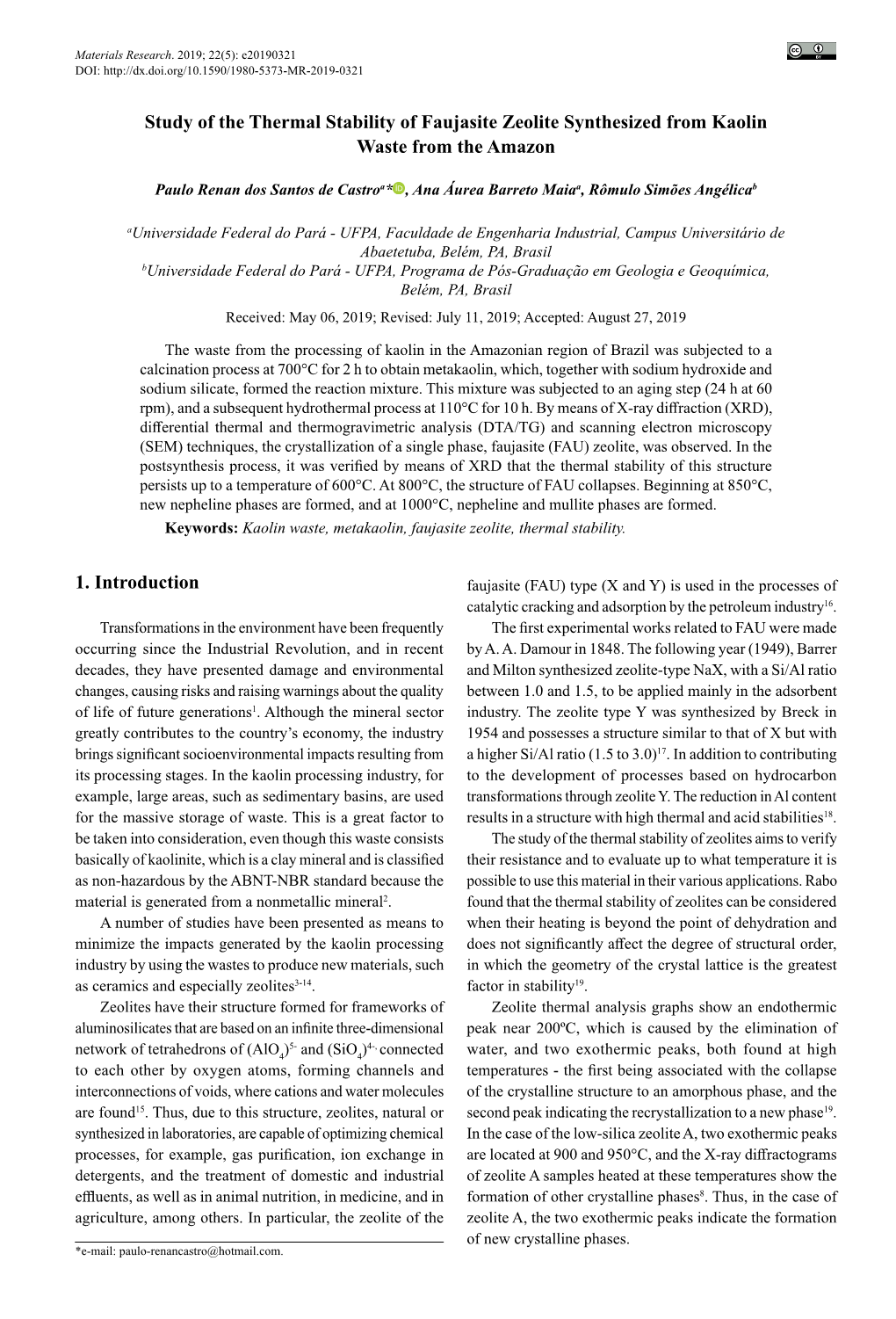 Study of the Thermal Stability of Faujasite Zeolite Synthesized from Kaolin Waste from the Amazon