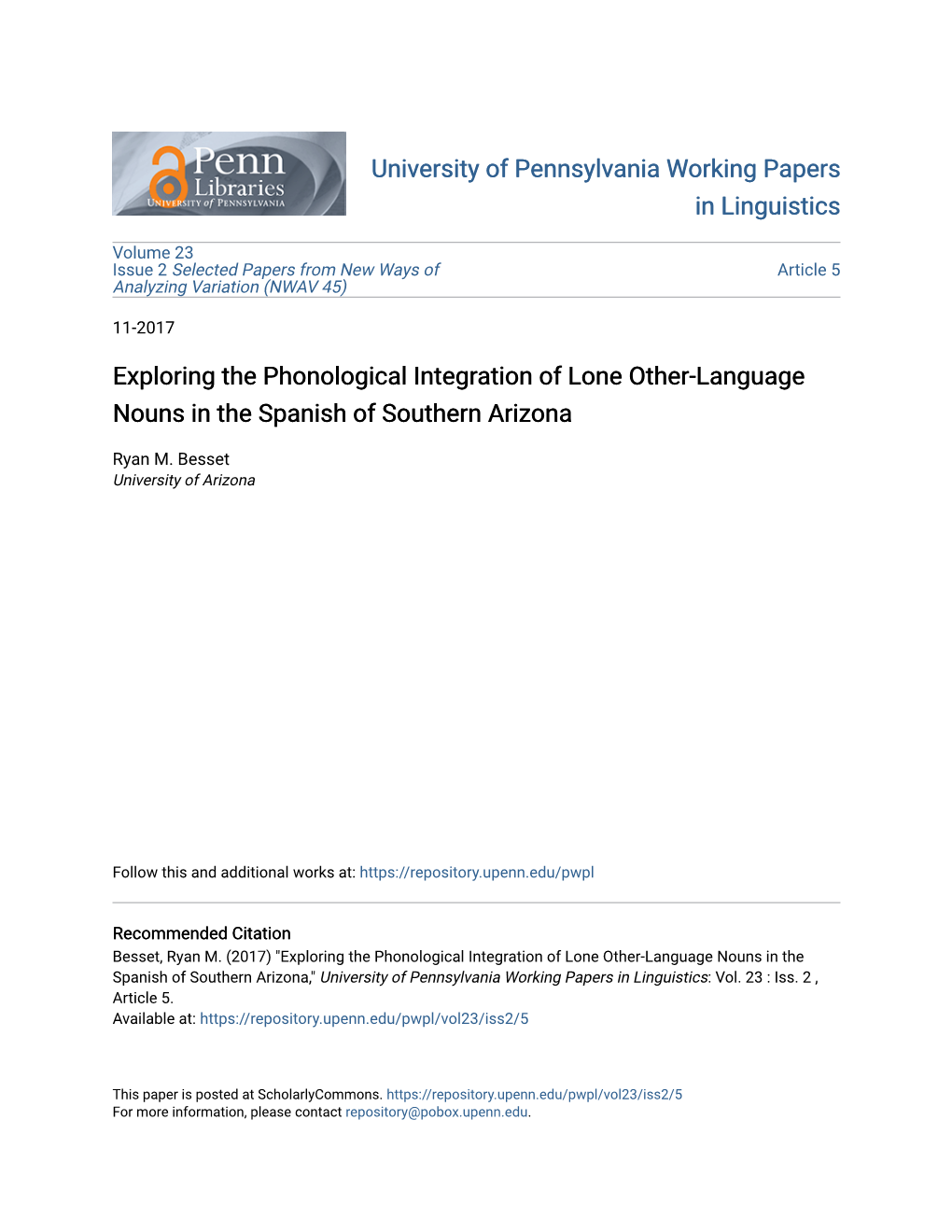 Exploring the Phonological Integration of Lone Other-Language Nouns in the Spanish of Southern Arizona