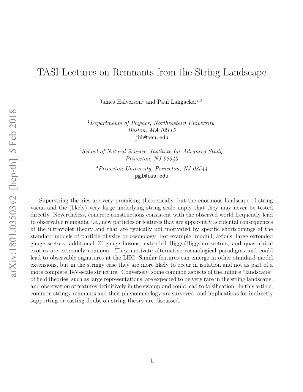 TASI Lectures on Remnants from the String Landscape Arxiv:1801.03503V2 [Hep-Th] 5 Feb 2018