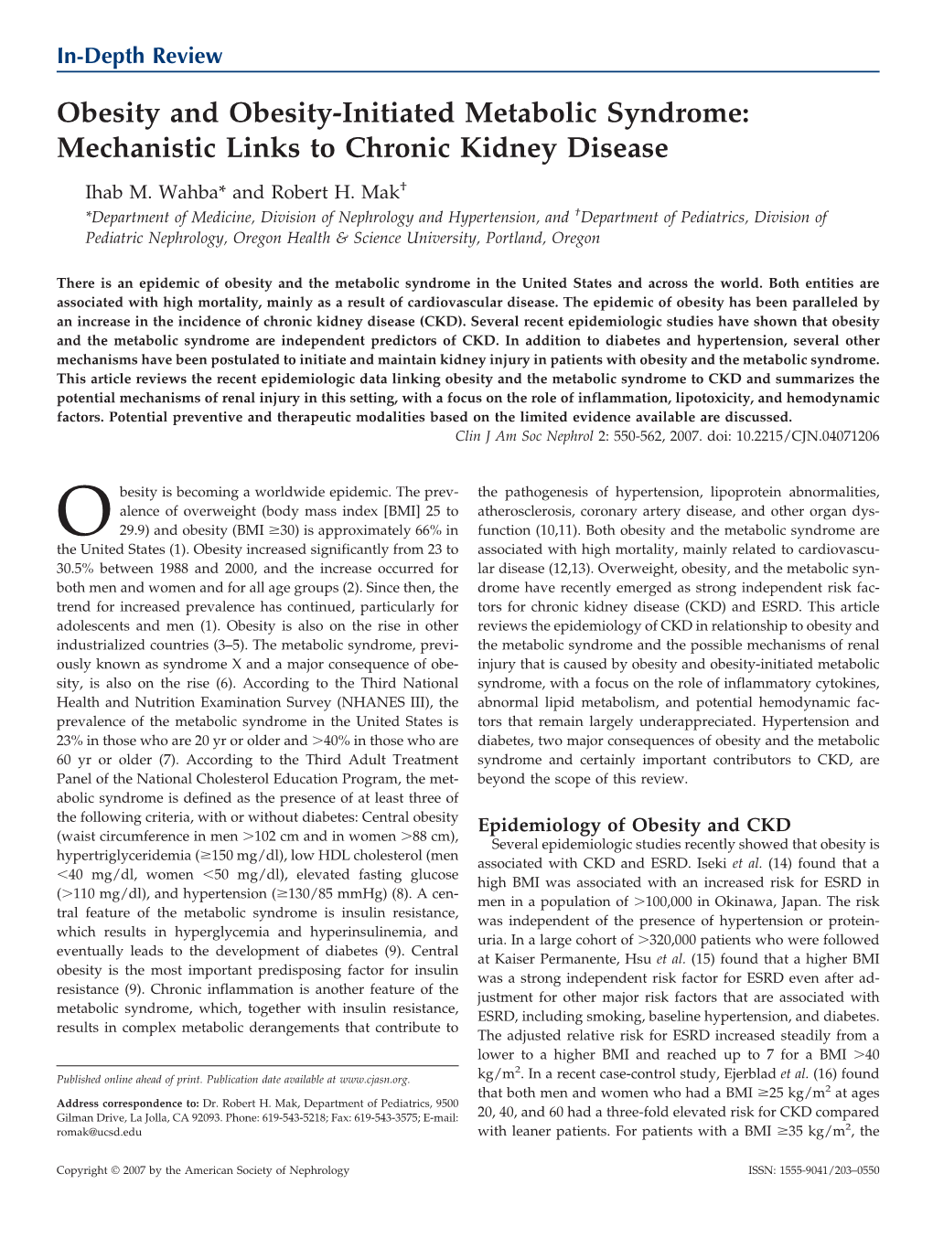 Obesity and Obesity-Initiated Metabolic Syndrome: Mechanistic Links to Chronic Kidney Disease