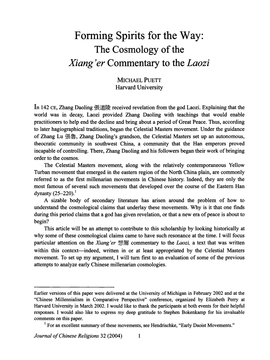 Forming Spirits for the Way: the Cosmology of the Xiang'er Commentary to the Laozi