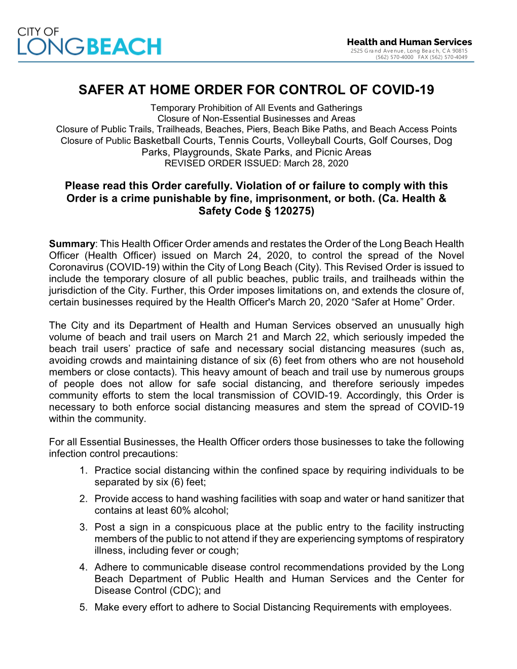 Safer at Home Order for Control of Covid-19