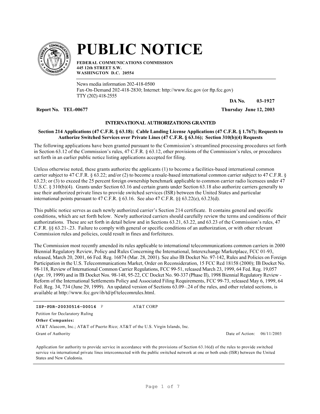 PUBLIC NOTICE FEDERAL COMMUNICATIONS COMMISSION 445 12Th STREET S.W