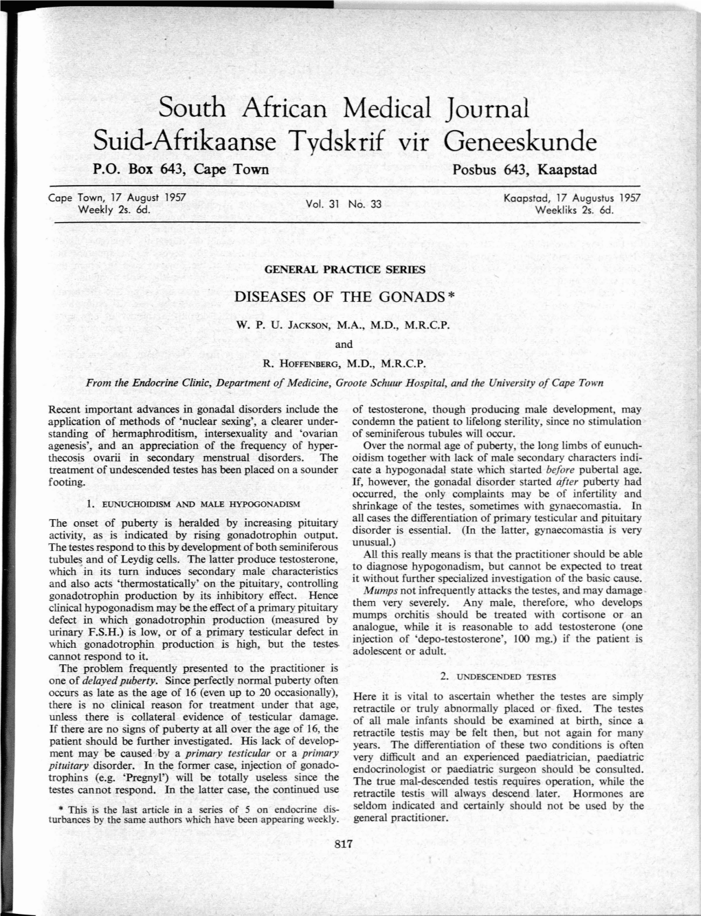 South African Medical Journal Suid,Afrikaanse Tydskrif Vir Geneeskunde P.O