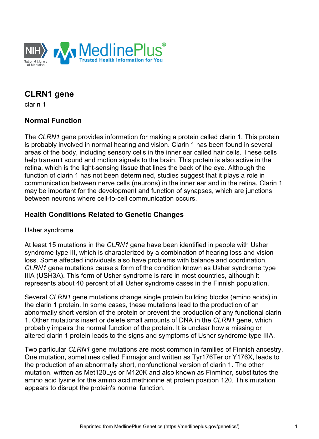 CLRN1 Gene Clarin 1