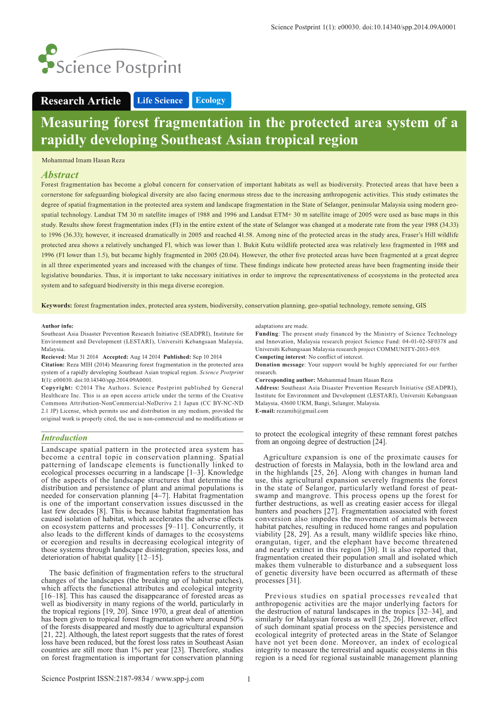 Measuring Forest Fragmentation in the Protected Area System of a Rapidly Developing Southeast Asian Tropical Region