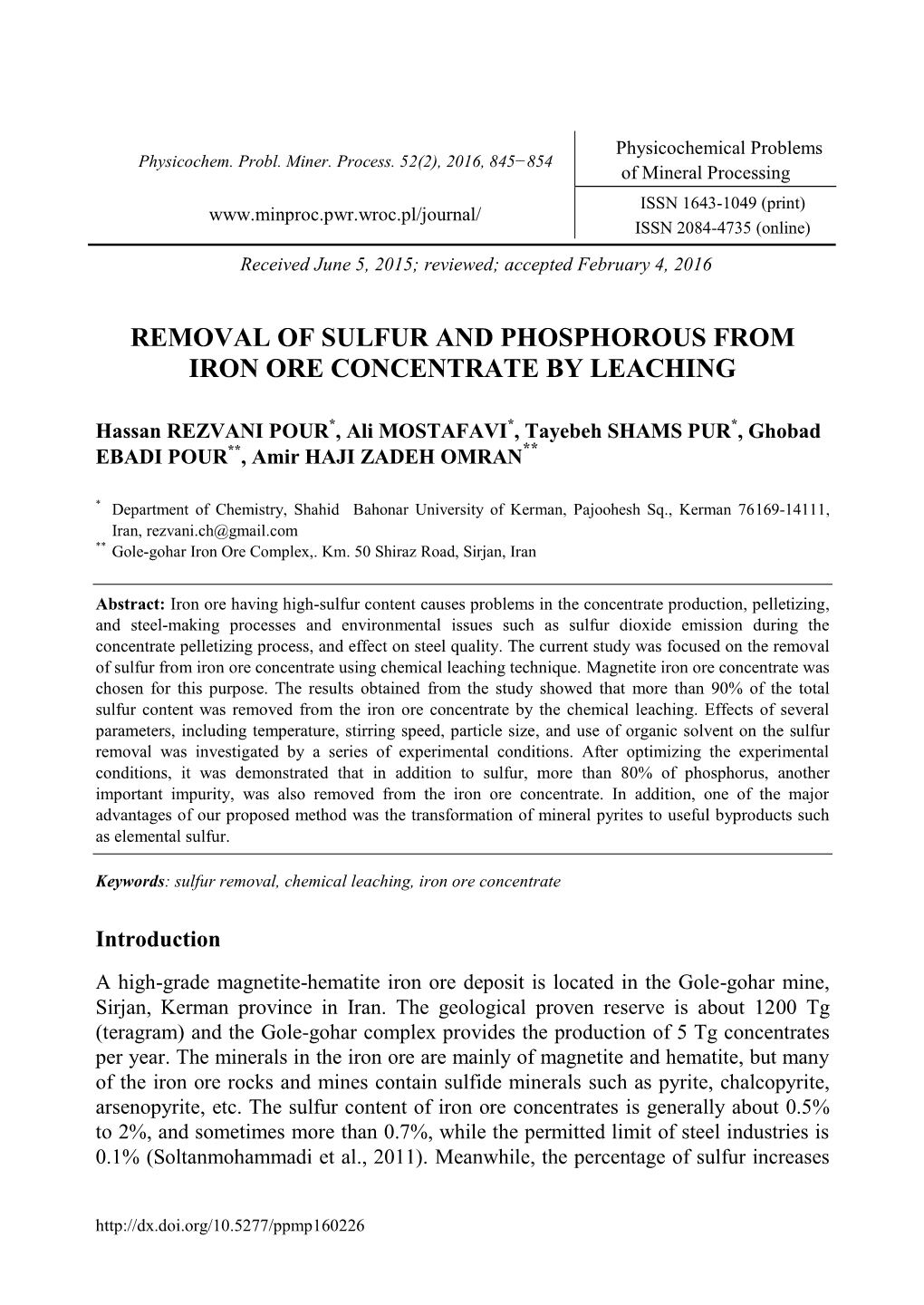 Removal of Sulfur and Phosphorous from Iron Ore Concentrate by Leaching