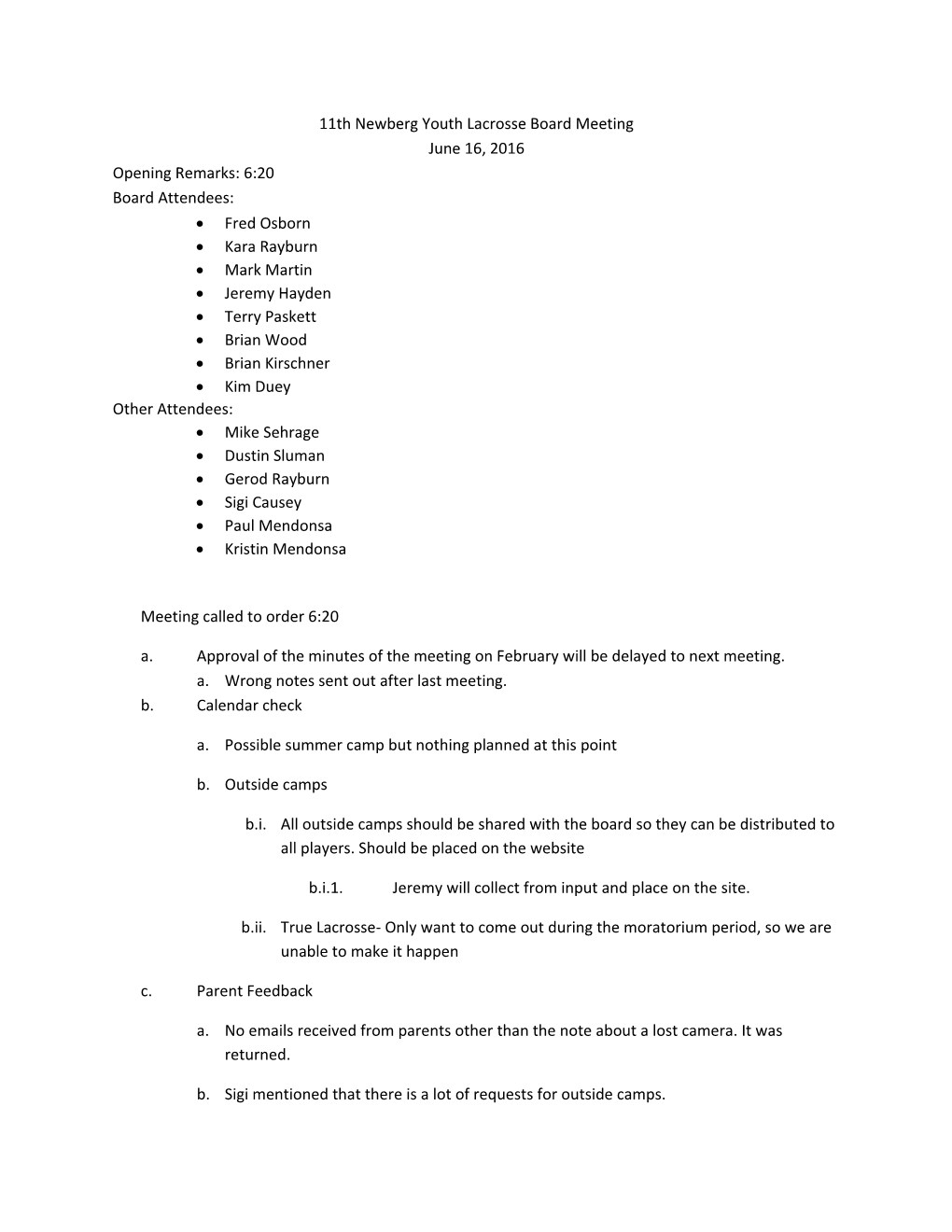 11Th Newberg Youth Lacrosse Board Meeting