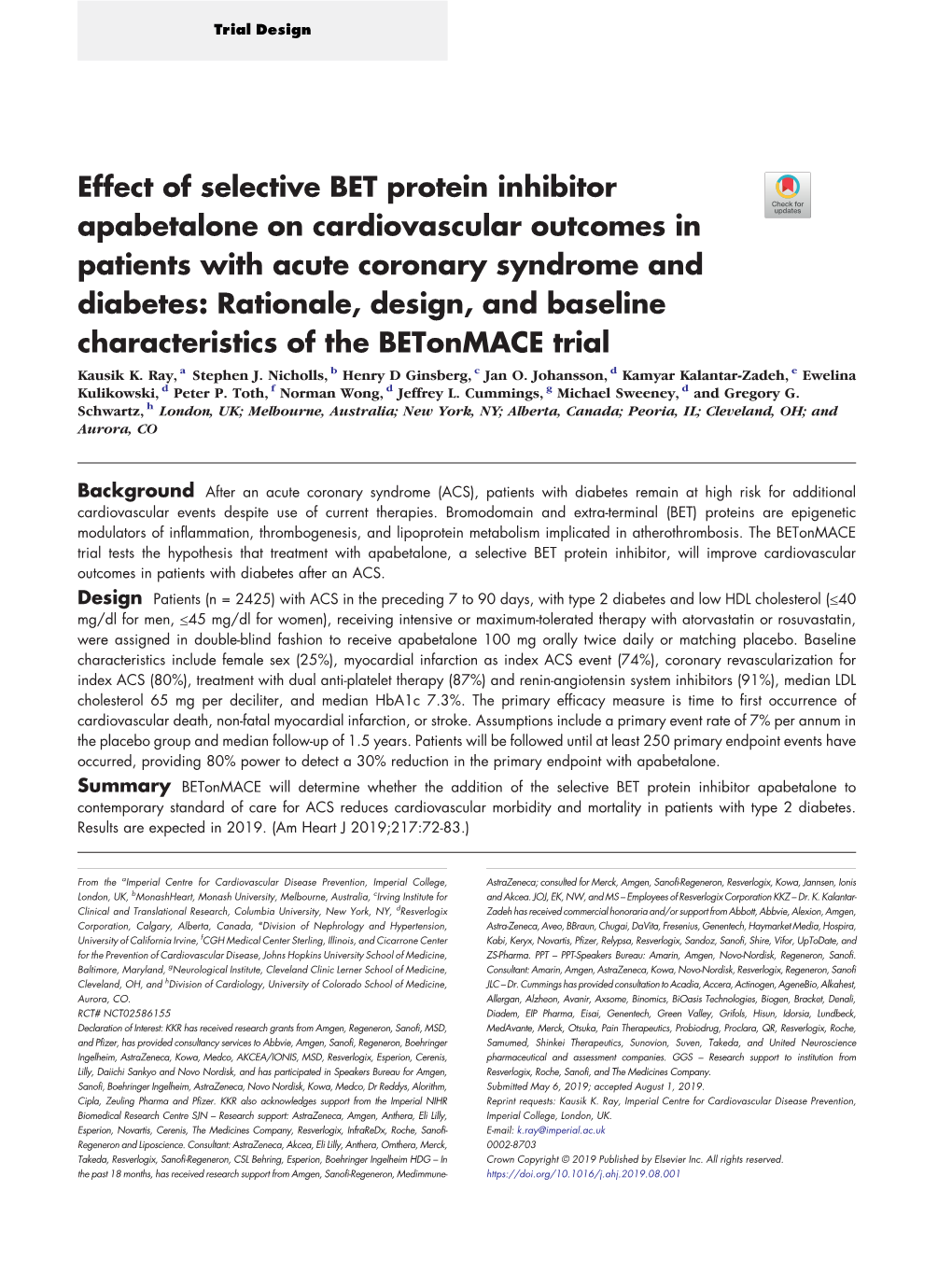 Effect of Selective BET Protein Inhibitor Apabetalone on Cardiovascular