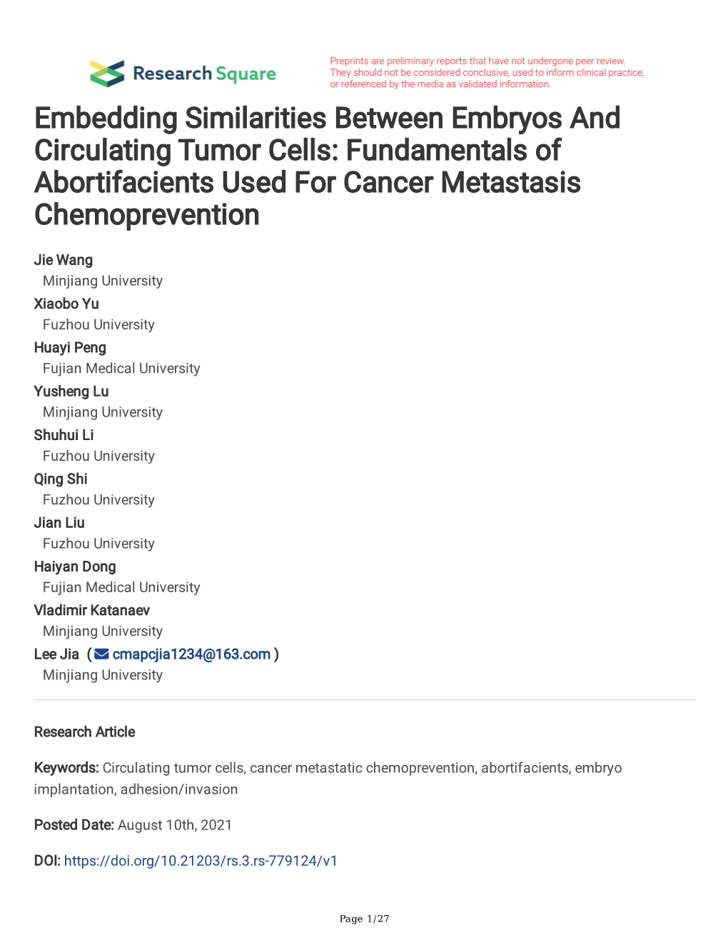 Embedding Similarities Between Embryos and Circulating Tumor Cells: Fundamentals of Abortifacients Used for Cancer Metastasis Chemoprevention