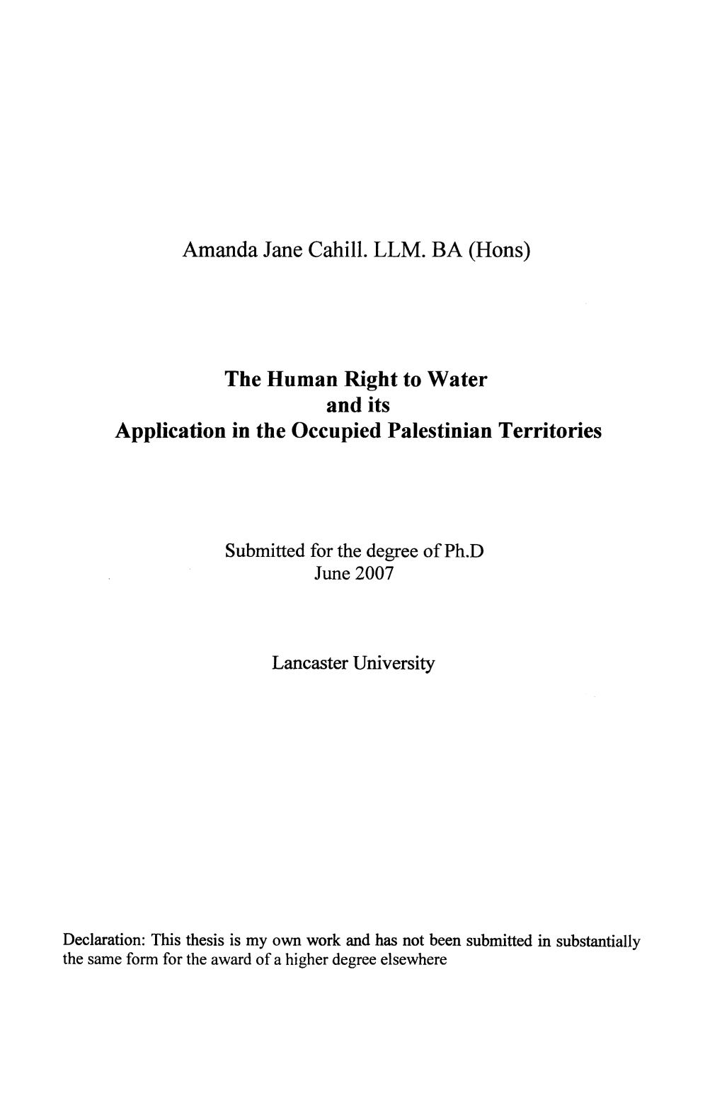 The Human Right to Water and Its Application in the Occupied Palestinian Territories