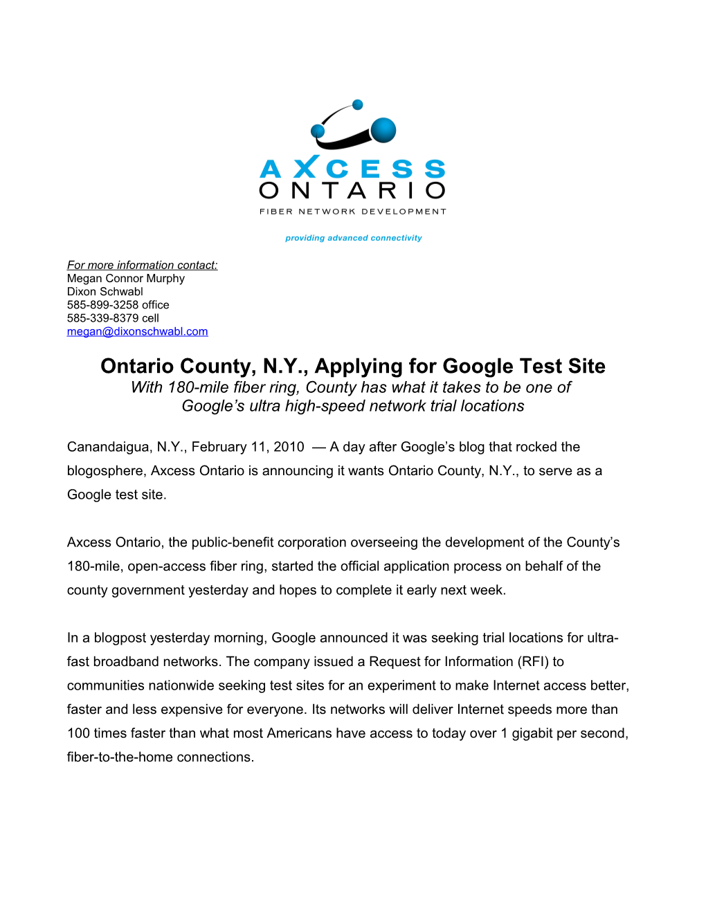 Ontario County, N.Y., Applying for Google Test Site