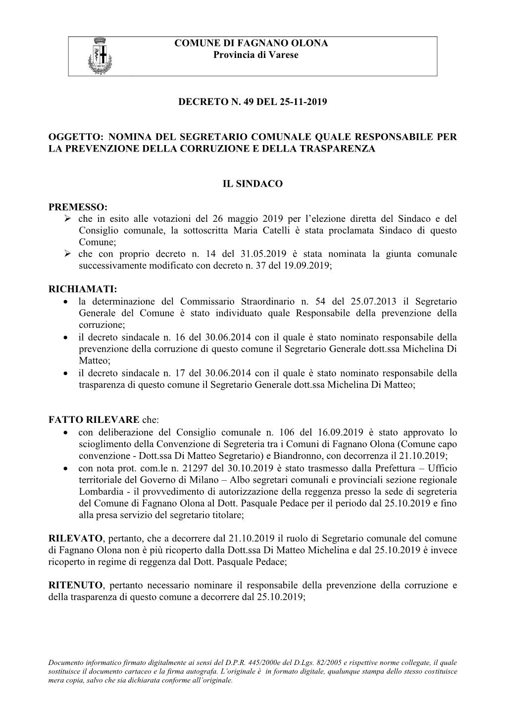 COMUNE DI FAGNANO OLONA Provincia Di Varese DECRETO N