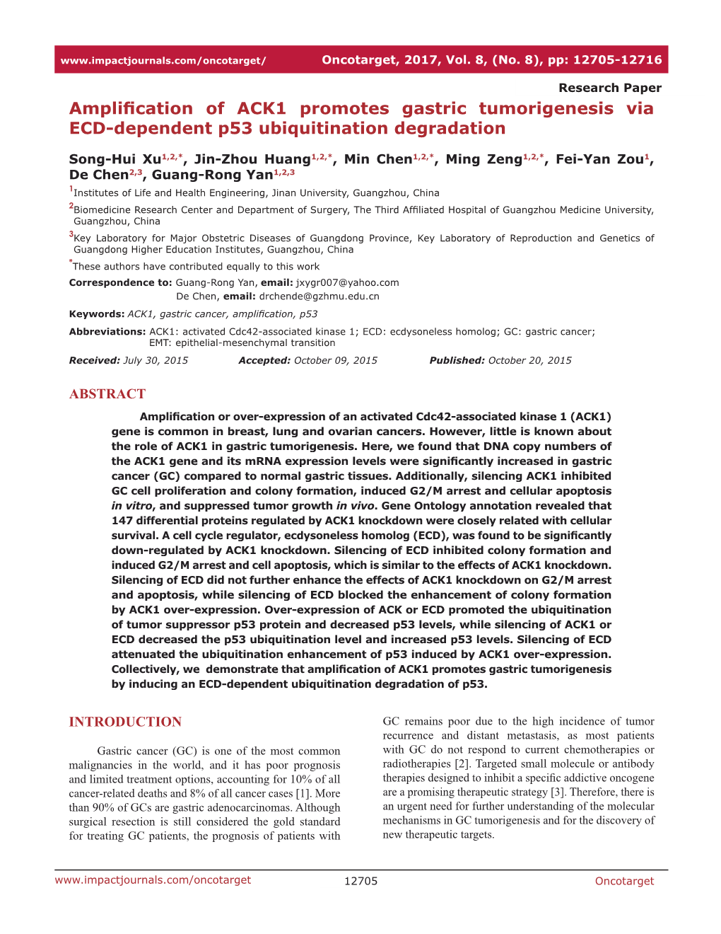 Amplification of ACK1 Promotes Gastric Tumorigenesis Via ECD-Dependent P53 Ubiquitination Degradation