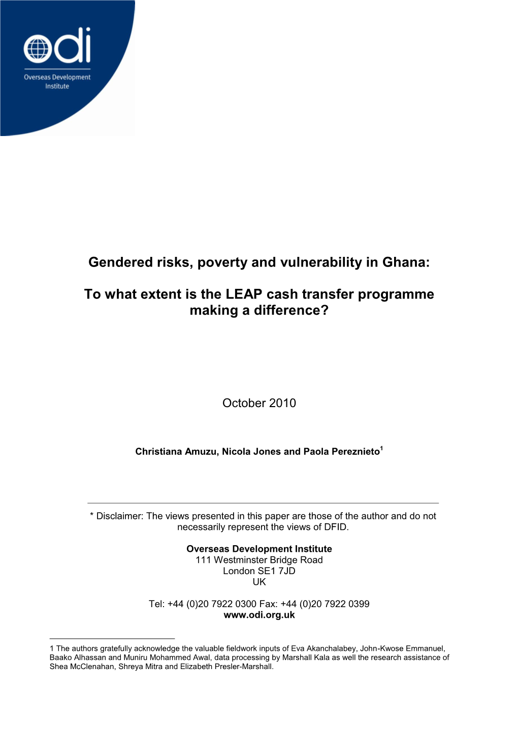 Gendered Risks, Poverty and Vulnerability in Ghana: to What Extent Is the LEAP Cash Transfer Programme Making a Difference?