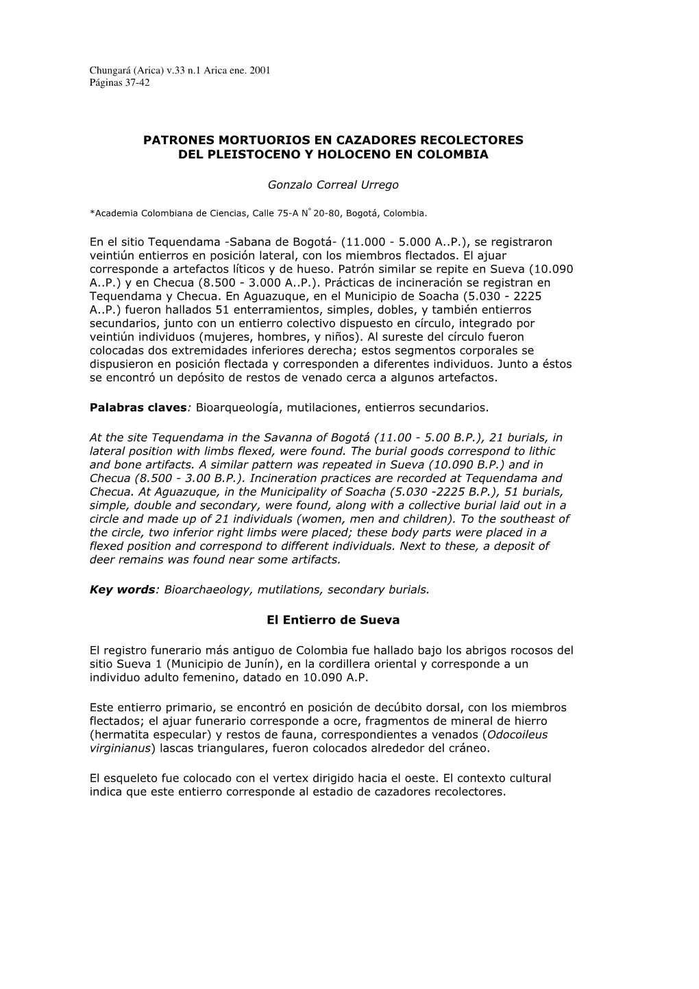 Patrones Mortuorios En Cazadores Recolectores Del Pleistoceno Y Holoceno En Colombia