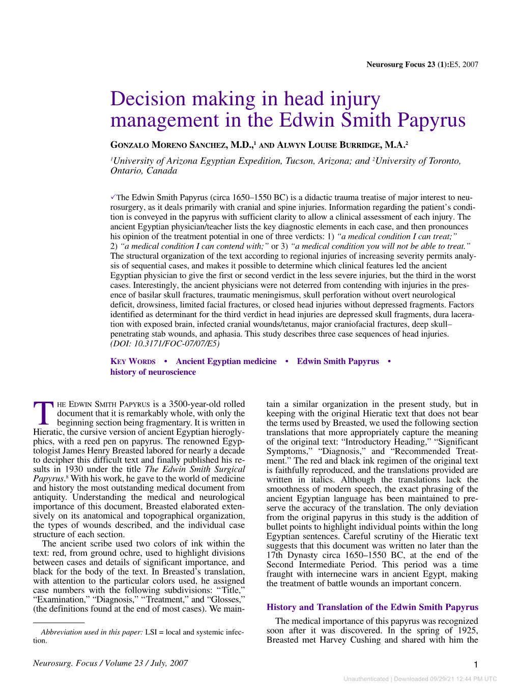 Decision Making in Head Injury Management in the Edwin Smith Papyrus