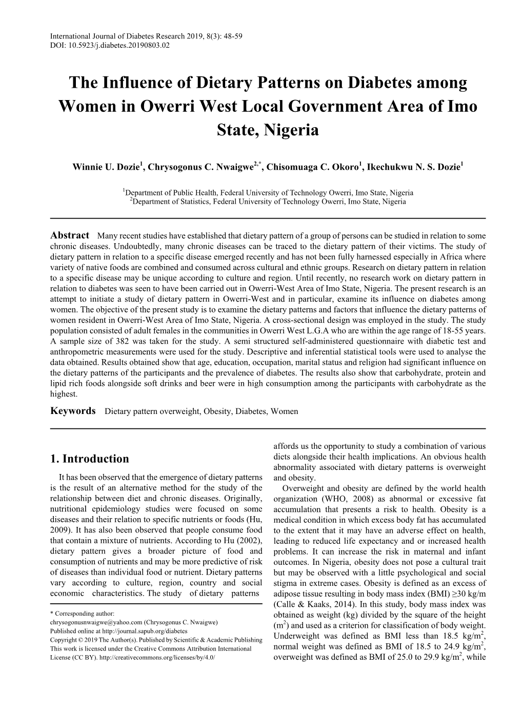 Dietary Pattern Overweight, Obesity, Diabetes, Women