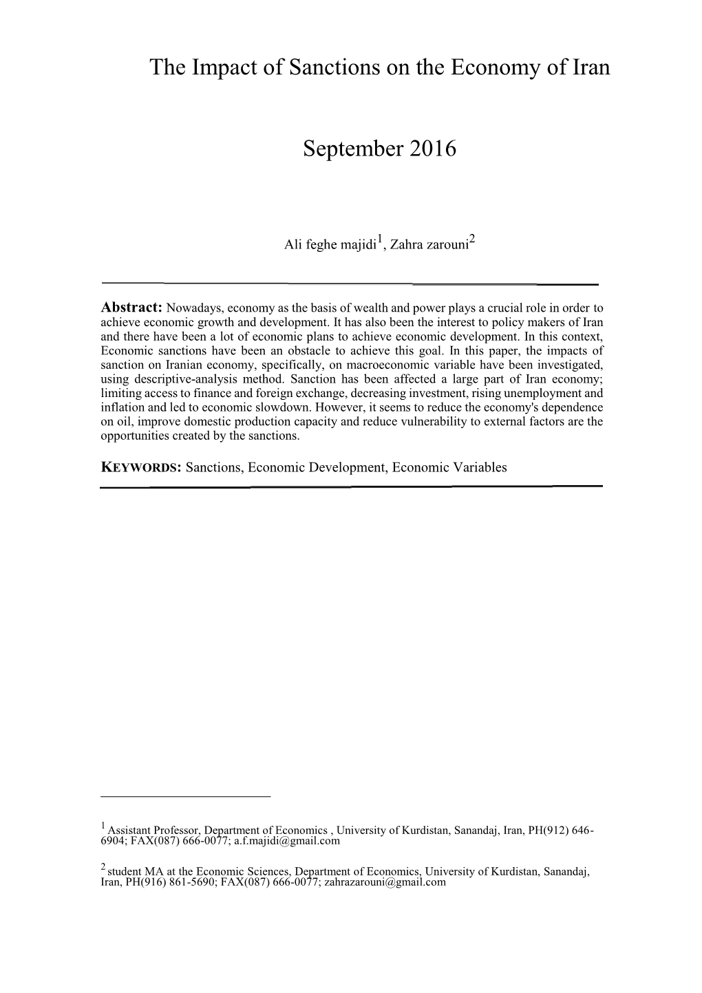 The Impact of Sanctions on the Economy of Iran September 2016