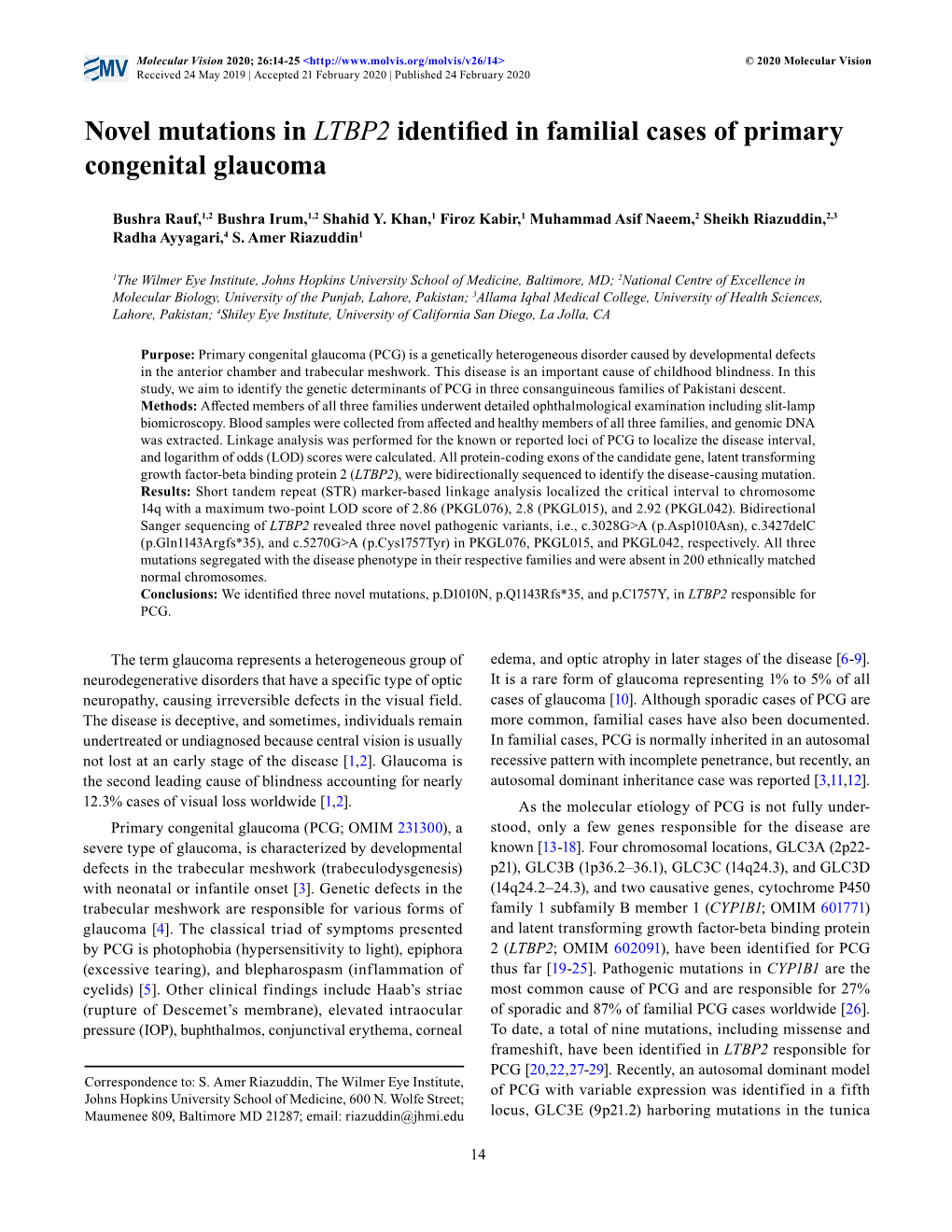 Novel Mutations in LTBP2 Identified in Familial Cases of Primary Congenital Glaucoma