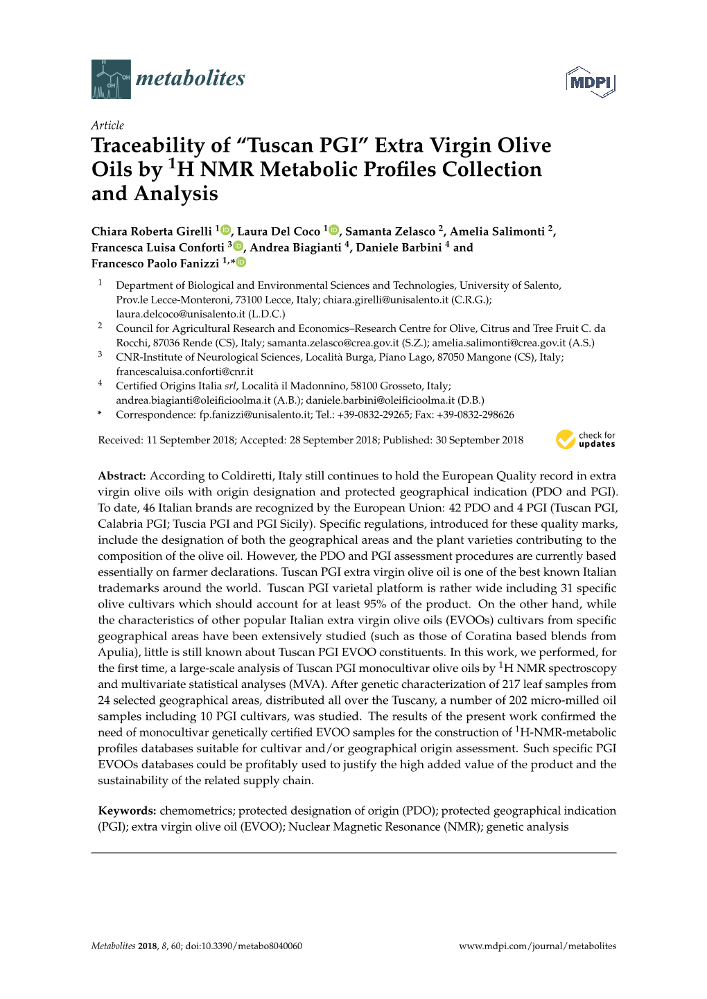 Traceability of “Tuscan PGI” Extra Virgin Olive Oils by H NMR