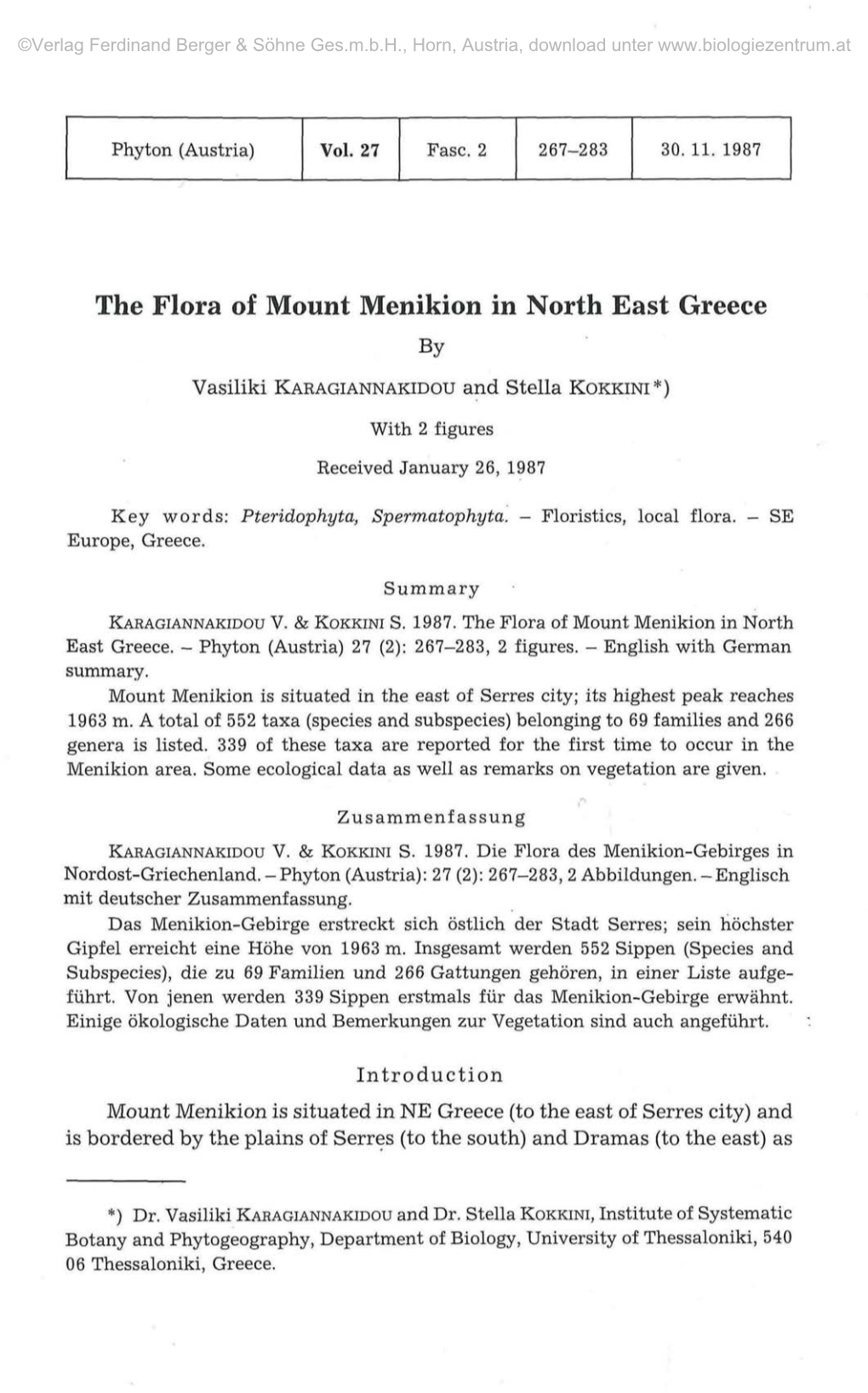 The Flora of Mount Menikion in North East Greece By