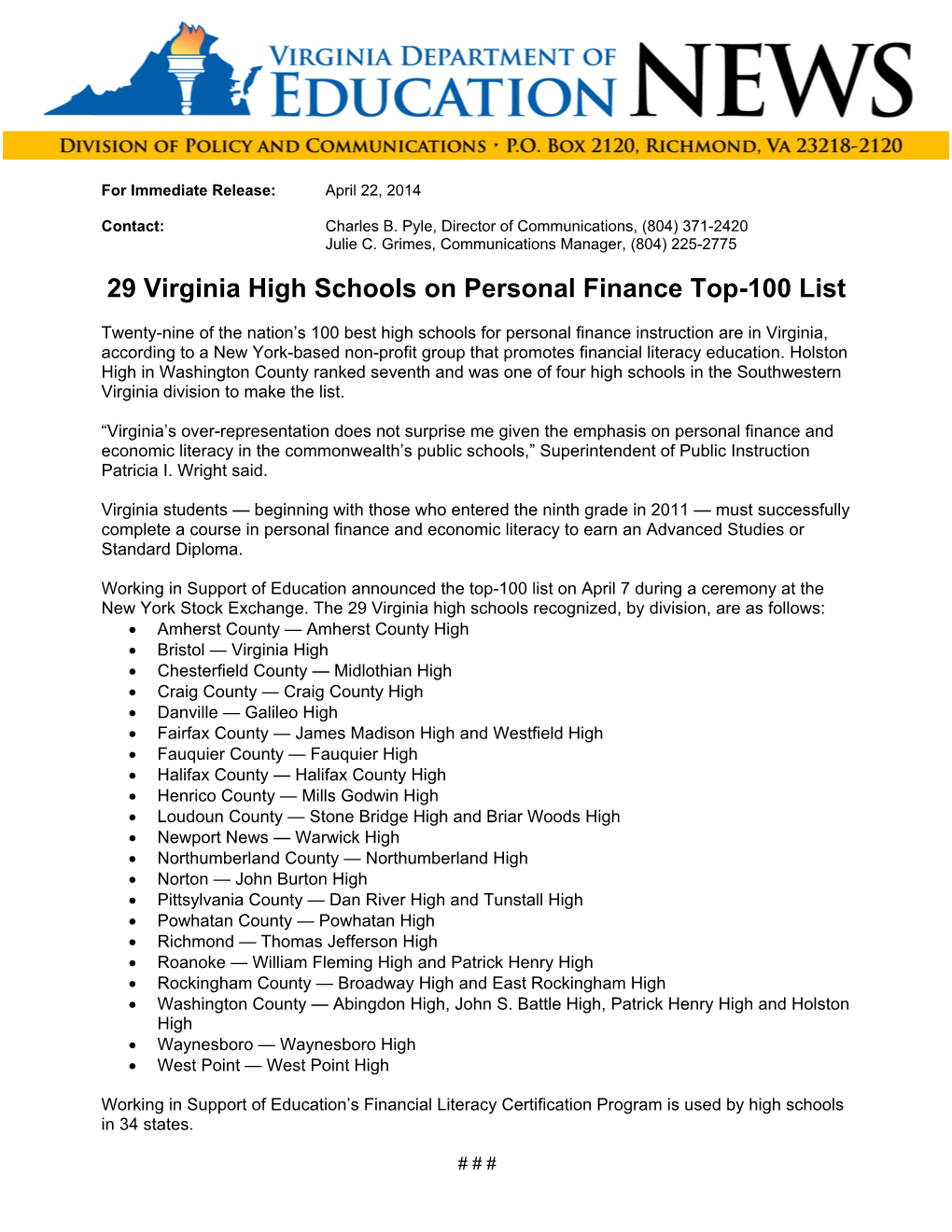 29 Virginia High Schools on Personal Finance Top-100 List
