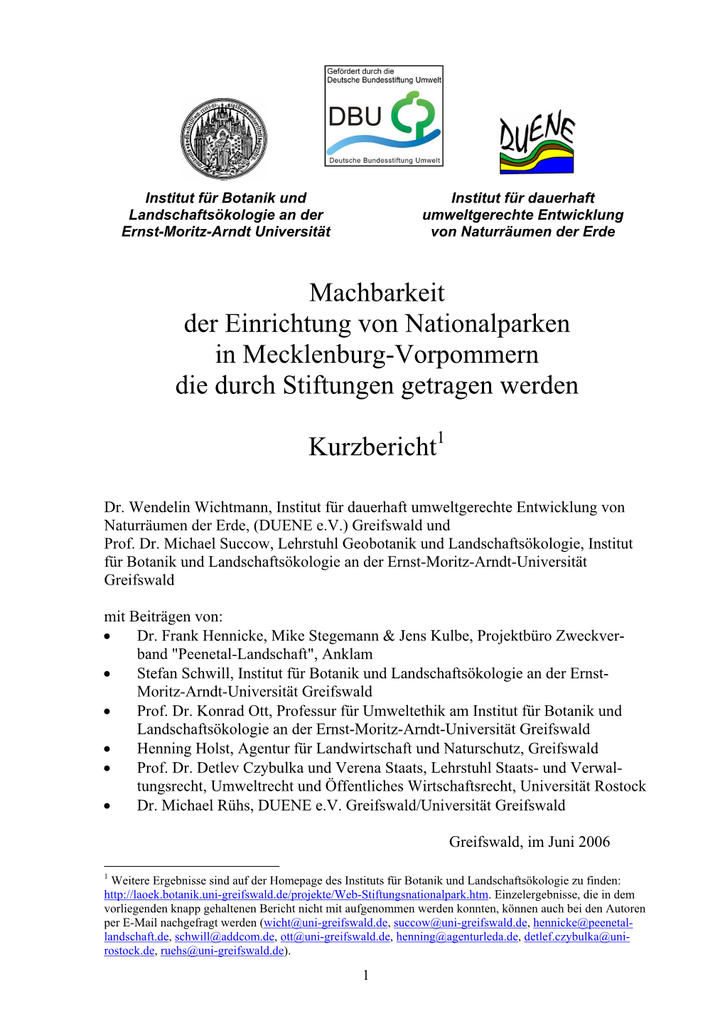 Machbarkeit Der Einrichtung Von Nationalparken in Mecklenburg-Vorpommern Die Durch Stiftungen Getragen Werden