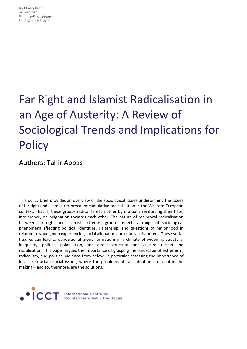 Far Right and Islamist Radicalisation in an Age of Austerity: a Review of Sociological Trends and Implications for Policy