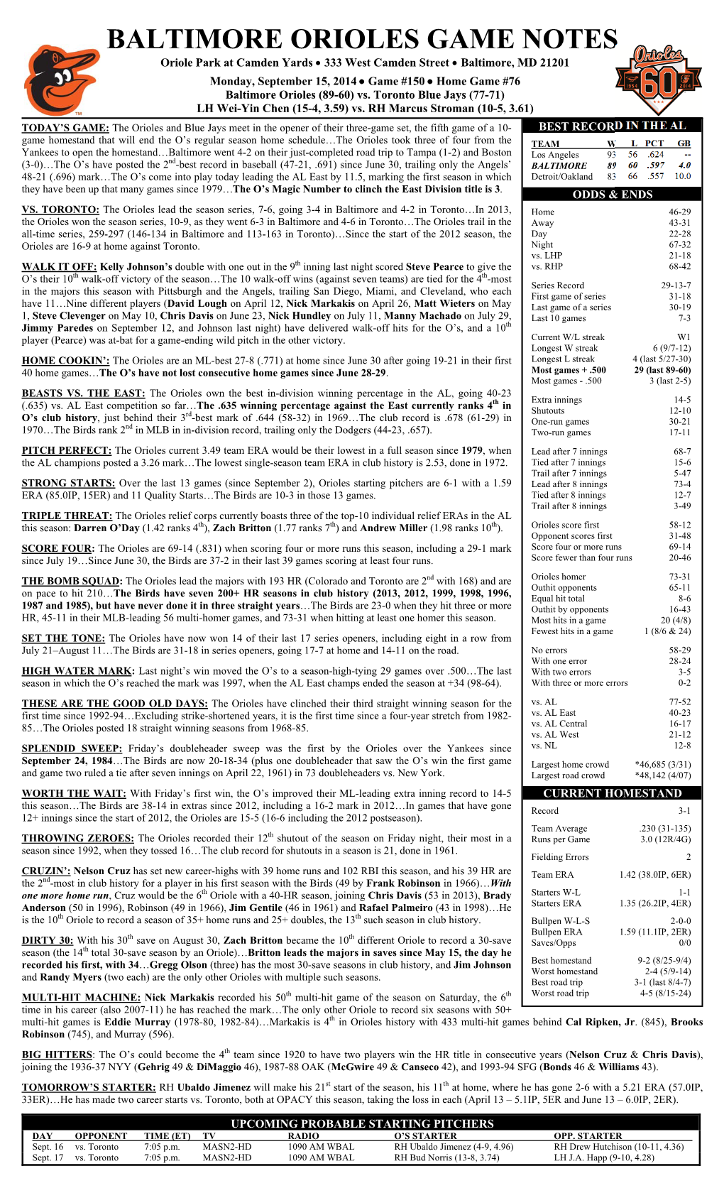 BALTIMORE ORIOLES GAME NOTES Oriole Park at Camden Yards  333 West Camden Street  Baltimore, MD 21201