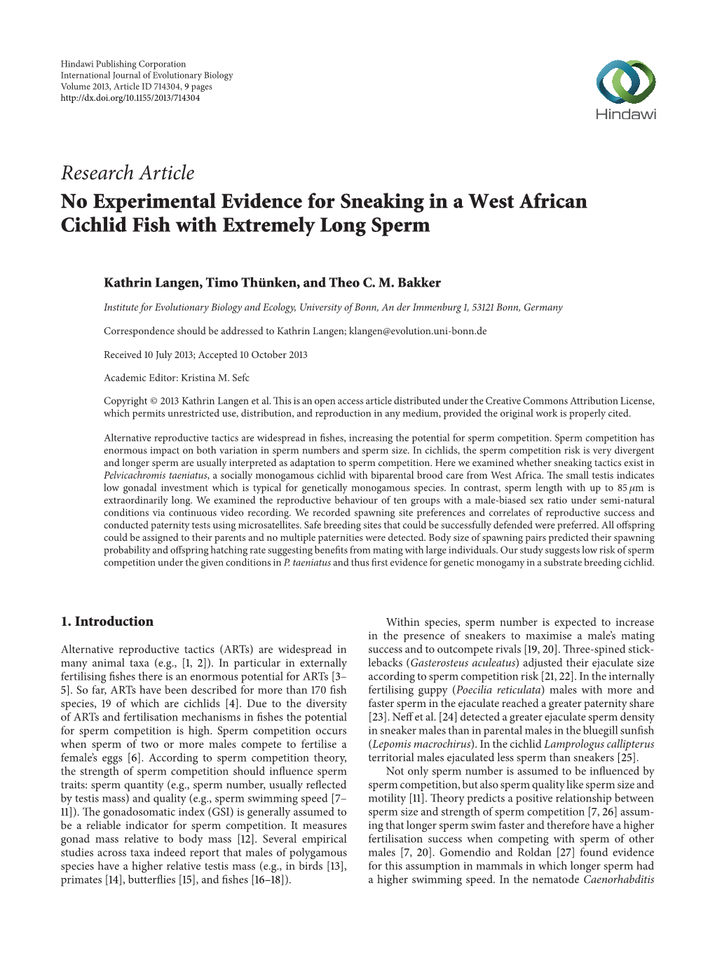 No Experimental Evidence for Sneaking in a West African Cichlid Fish with Extremely Long Sperm