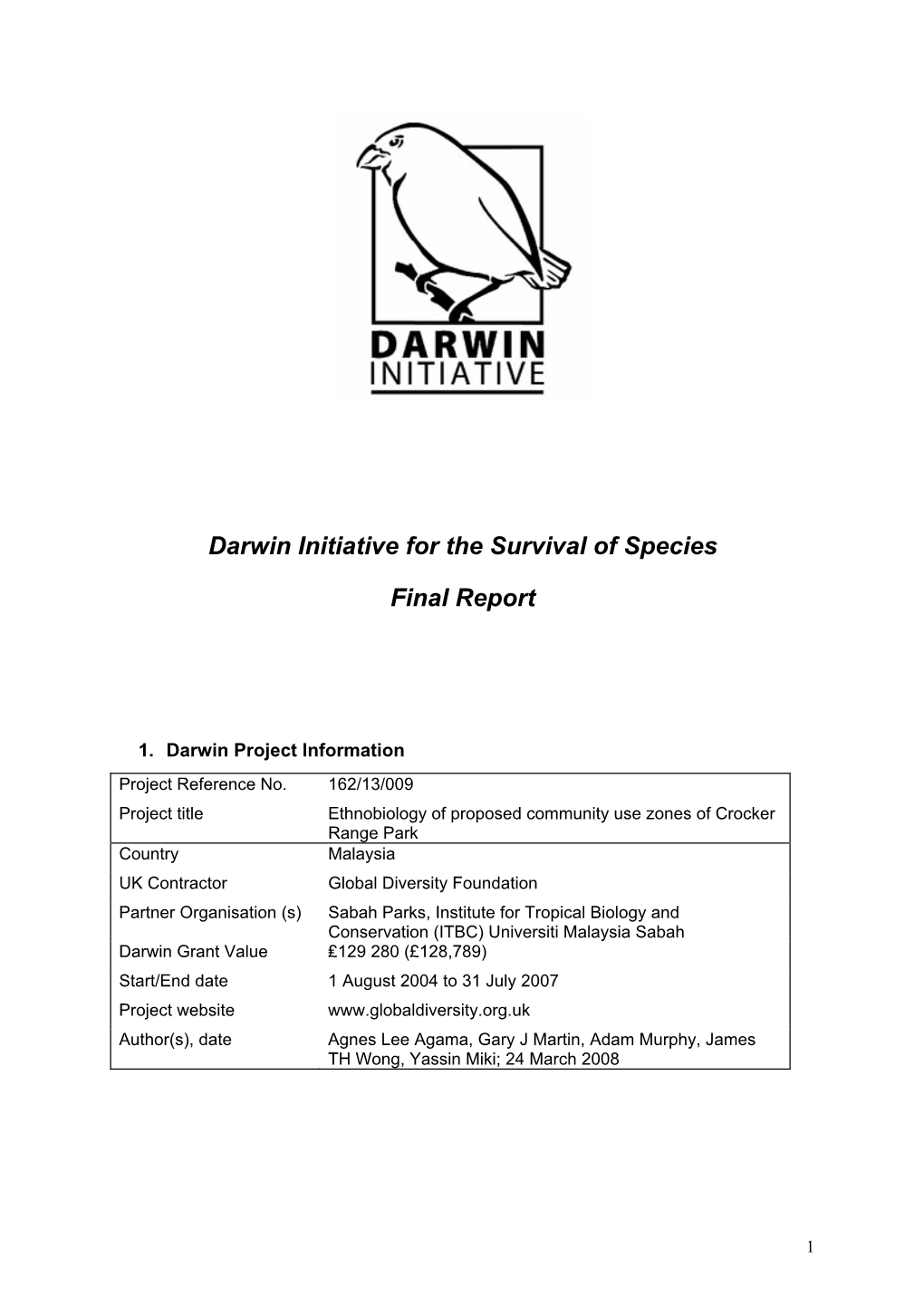 Darwin Initiative for the Survival of Species Final Report