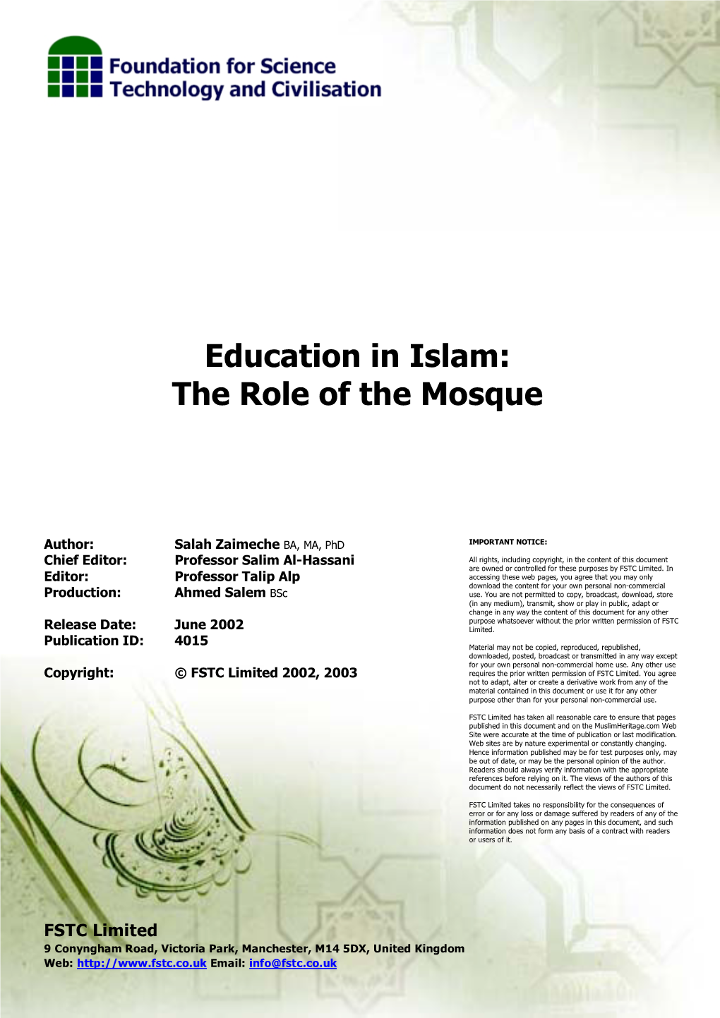 Education in Islam: the Role of the Mosque
