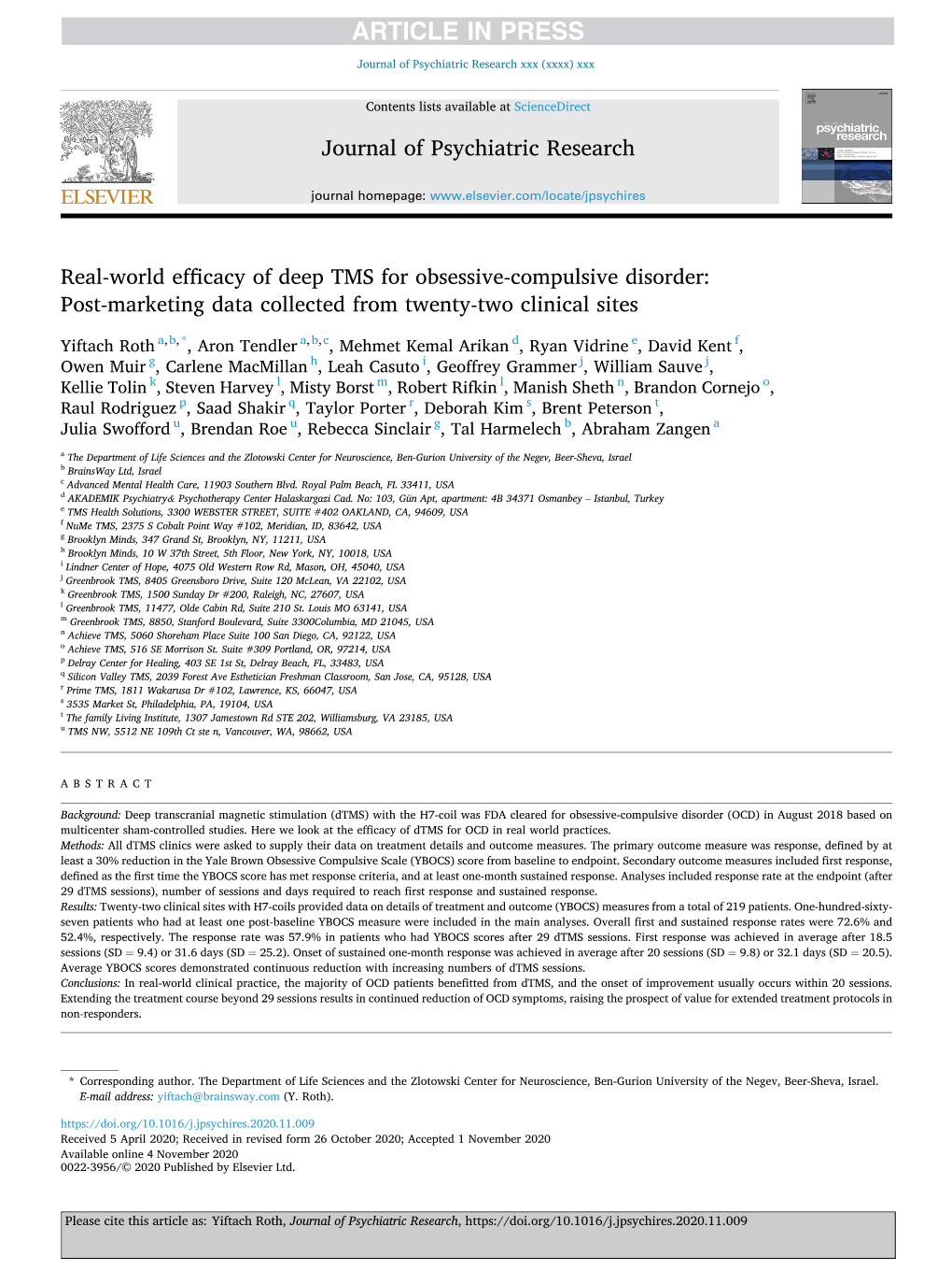 Real-World Efficacy of Deep TMS for Obsessive-Compulsive Disorder: Post-Marketing Data Collected from Twenty-Two Clinical Sites