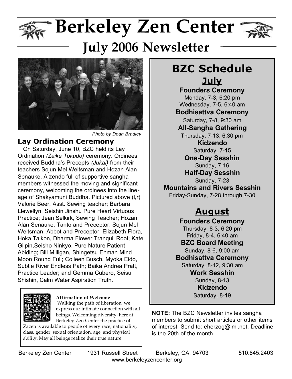 Berkeley Zen Center July 2006 Newsletter BZC Schedule July